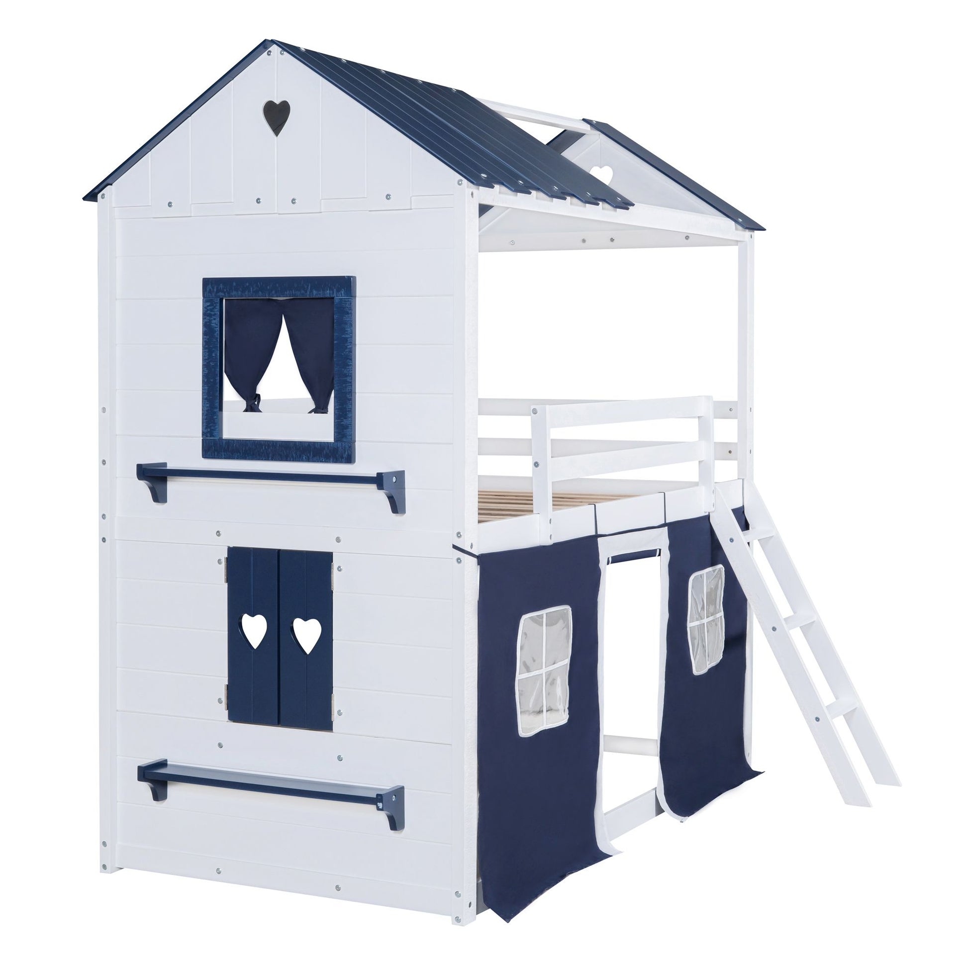 Twin Size Bunk Wood House Bed with Elegant Windows, Sills and Tent, Blue+White image 12