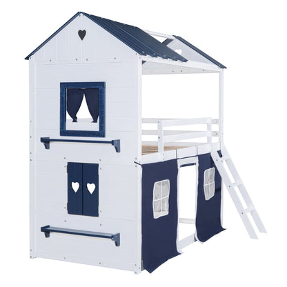 Twin Size Bunk Wood House Bed with Elegant Windows, Sills and Tent, Blue+White image 12
