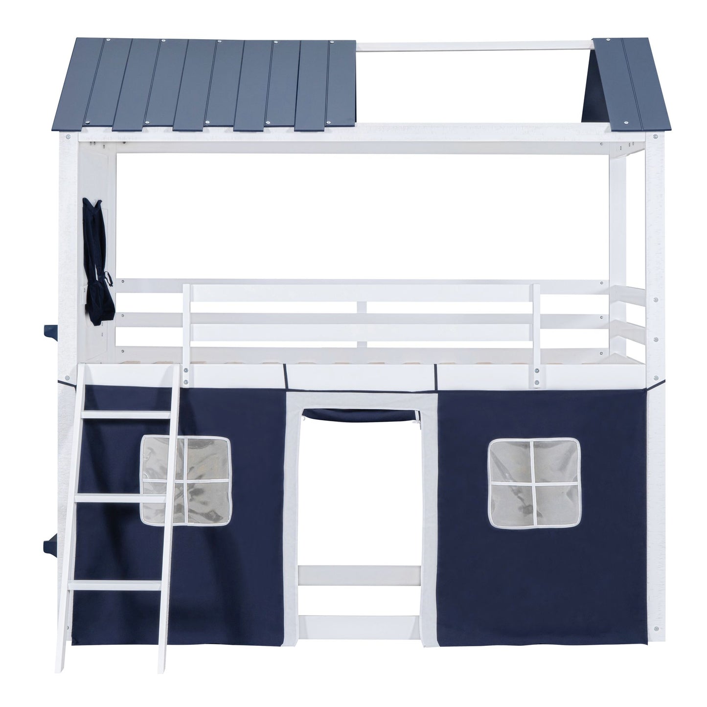Twin Size Bunk Wood House Bed with Elegant Windows, Sills and Tent, Blue+White image 3