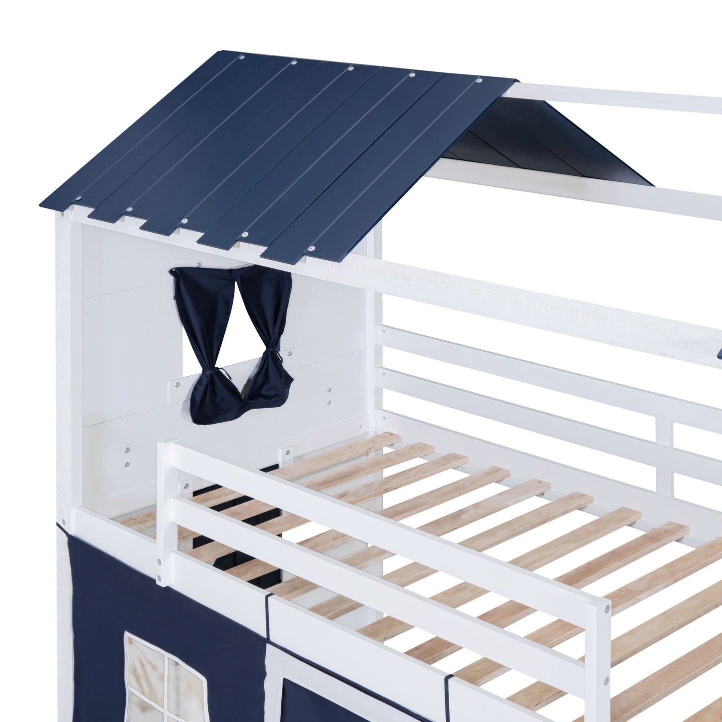 Twin Size Bunk Wood House Bed with Elegant Windows, Sills and Tent, Blue+White image 13