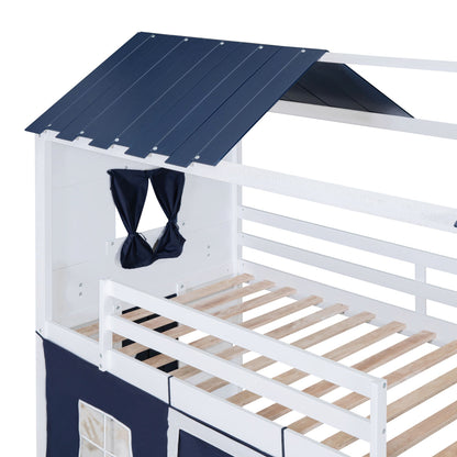 Twin Size Bunk Wood House Bed with Elegant Windows, Sills and Tent, Blue+White image 13