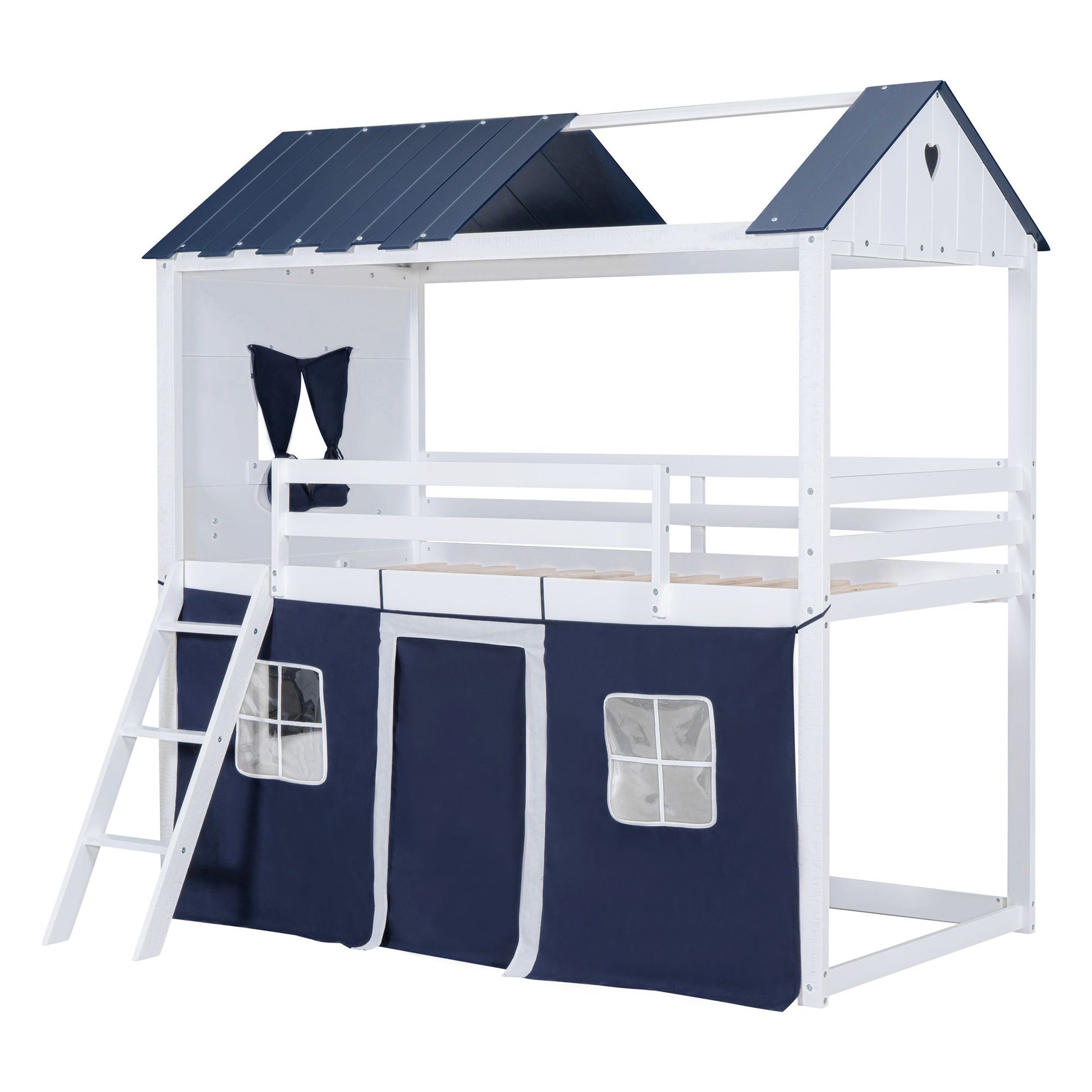 Twin Size Bunk Wood House Bed with Elegant Windows, Sills and Tent, Blue+White image 6