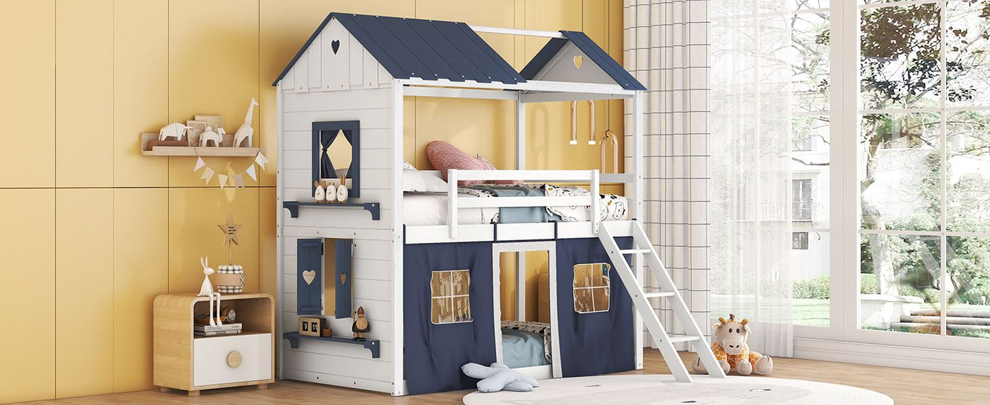Twin Size Bunk Wood House Bed with Elegant Windows, Sills and Tent, Blue+White image 20