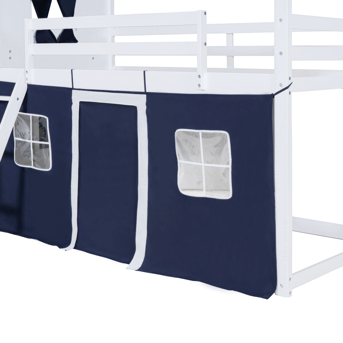 Twin Size Bunk Wood House Bed with Elegant Windows, Sills and Tent, Blue+White image 15