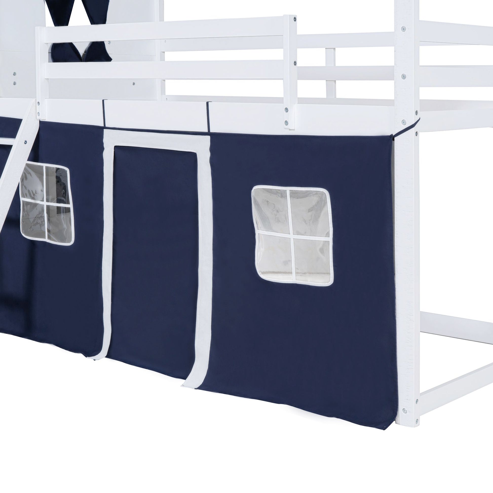 Twin Size Bunk Wood House Bed with Elegant Windows, Sills and Tent, Blue+White image 15