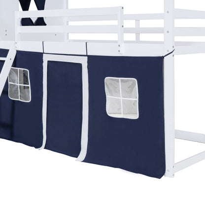 Twin Size Bunk Wood House Bed with Elegant Windows, Sills and Tent, Blue+White image 15