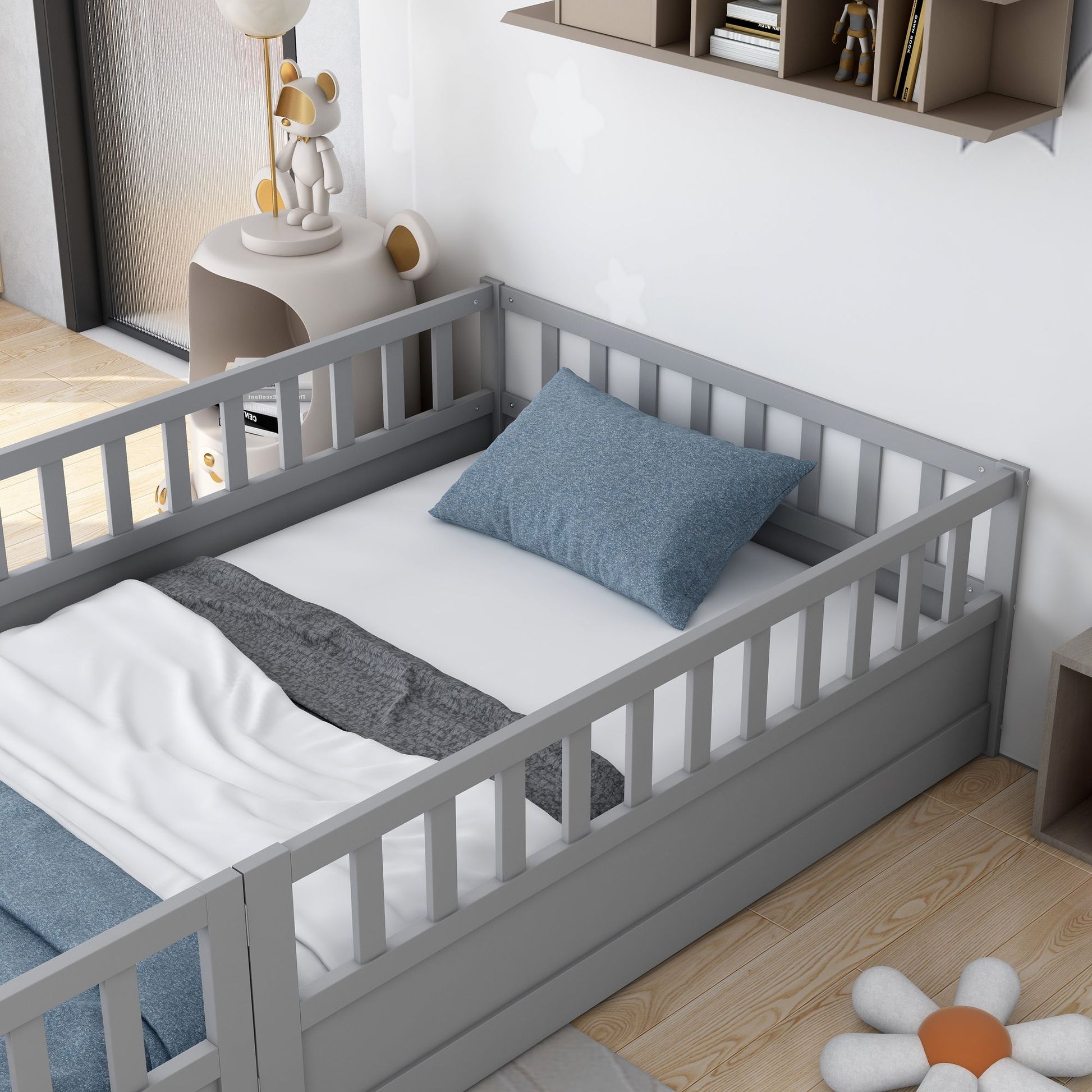 Twin Size Floor bed, integral construction with super high security barrier, door, children's floor bed frame, Montessor image 9