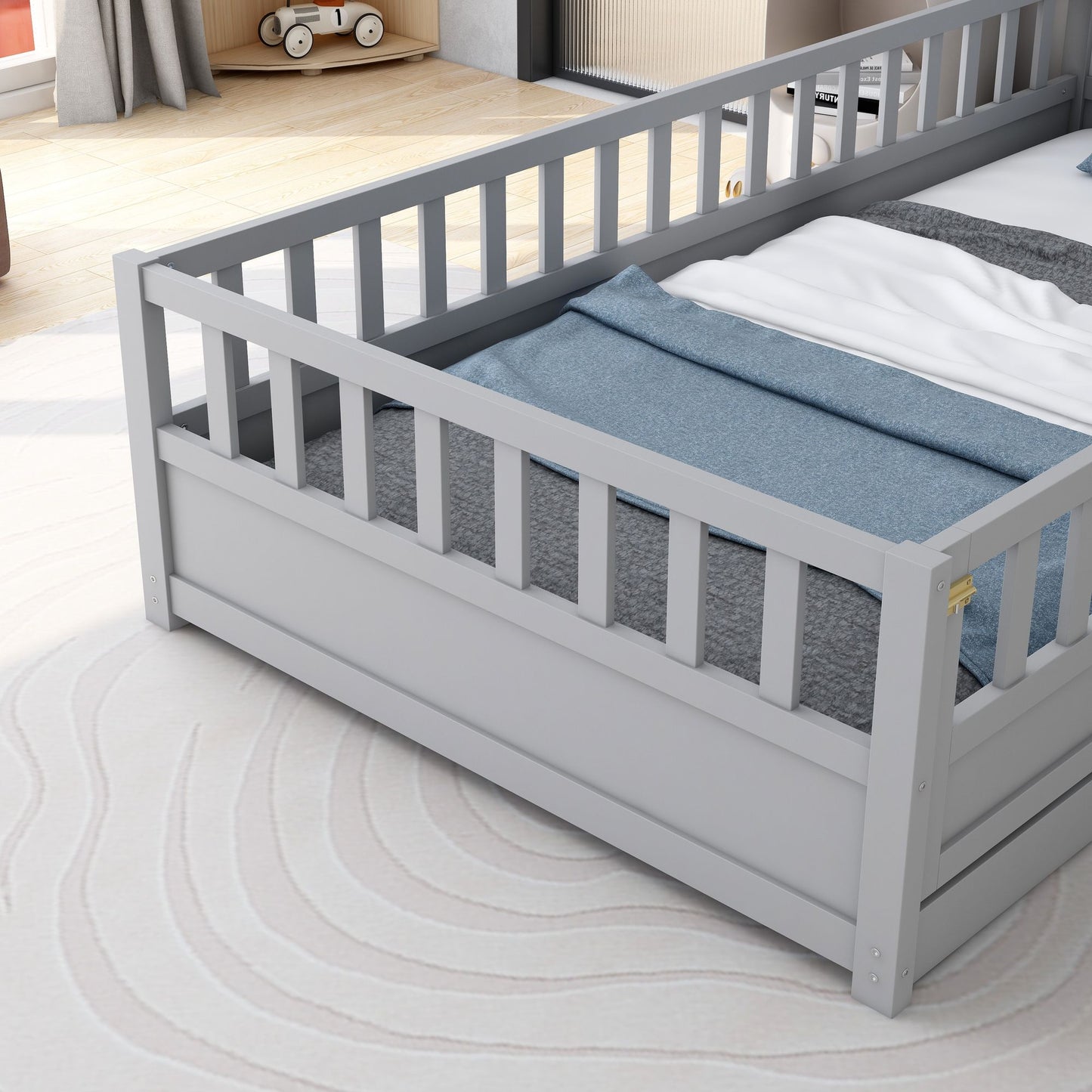 Twin Size Floor bed, integral construction with super high security barrier, door, children's floor bed frame, Montessor image 10