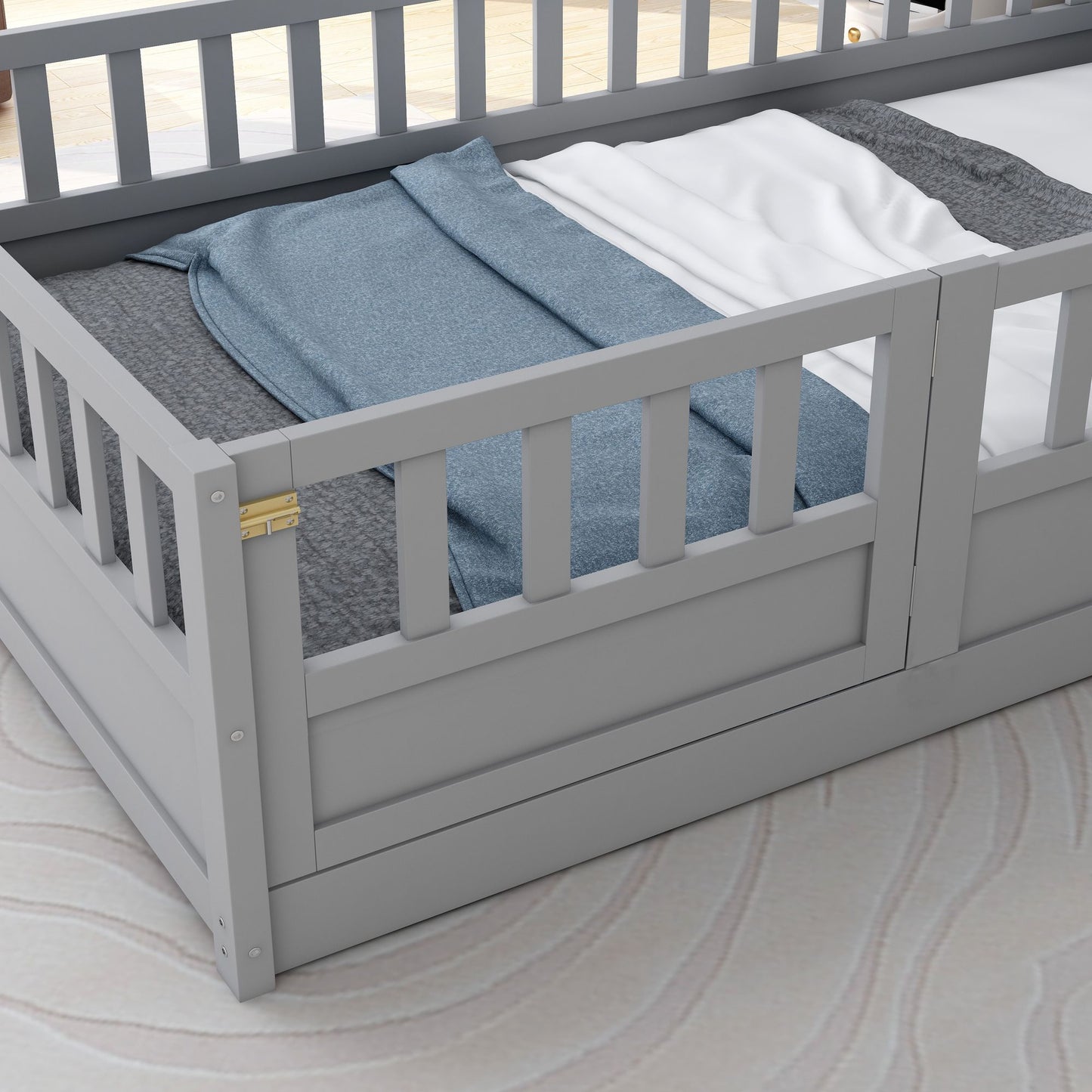 Twin Size Floor bed, integral construction with super high security barrier, door, children's floor bed frame, Montessor image 8