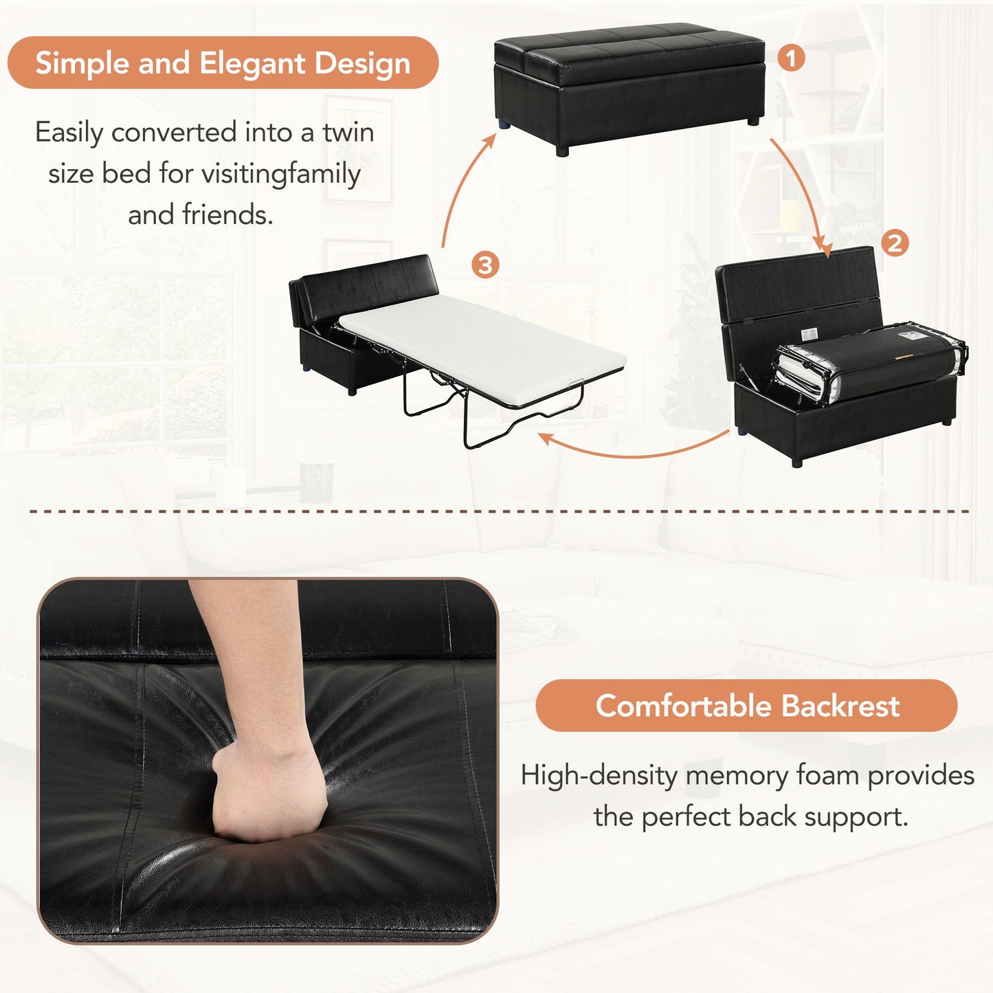 Twin Size Folding Ottoman Sleeper Bed with Mattress Convertible Guest Bed Black image 4