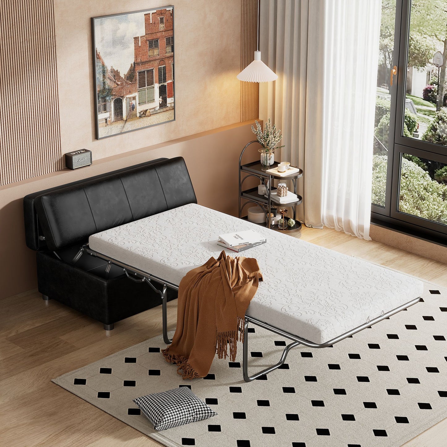 Twin Size Folding Ottoman Sleeper Bed with Mattress Convertible Guest Bed Black image 1