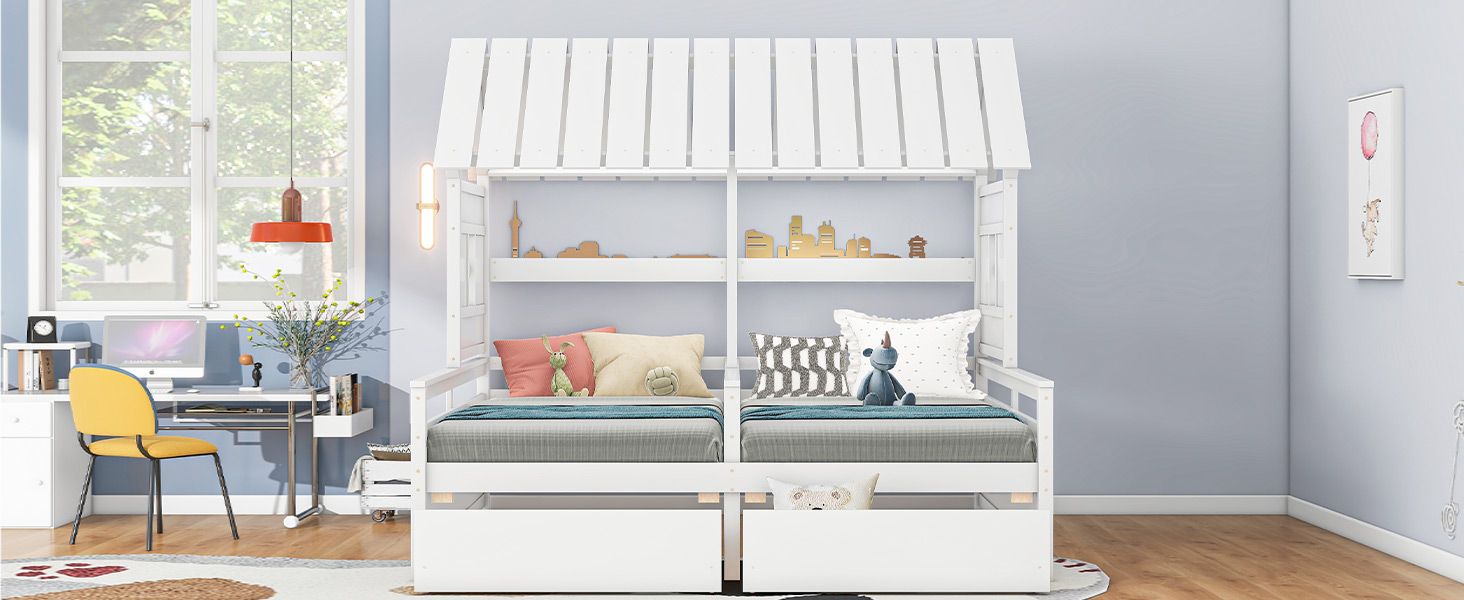 Twin Size House Platform Beds with Two Drawers for Boy and Girl Shared Beds, Combination of 2 Side by Side Twin Size Bed image 7