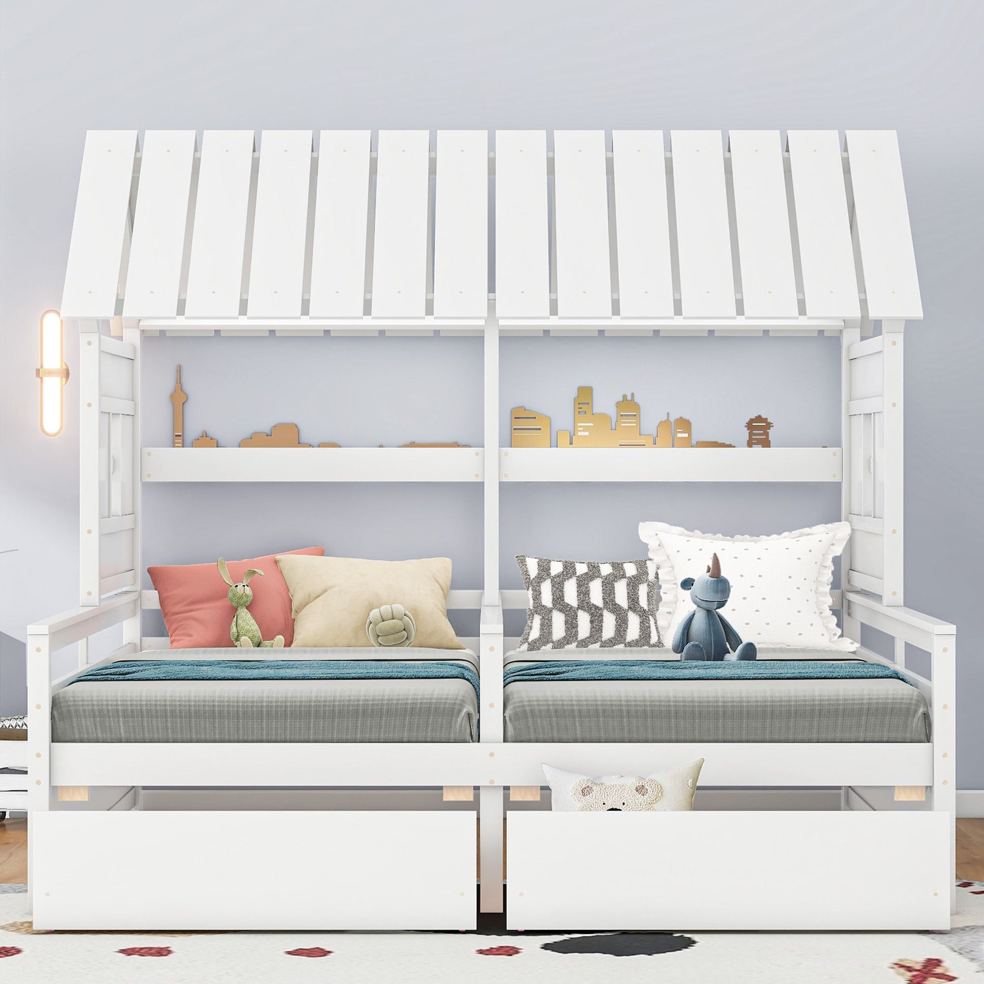 Twin Size House Platform Beds with Two Drawers for Boy and Girl Shared Beds, Combination of 2 Side by Side Twin Size Bed image 2