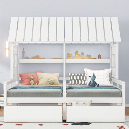 Twin Size House Platform Beds with Two Drawers for Boy and Girl Shared Beds, Combination of 2 Side by Side Twin Size Bed image 2