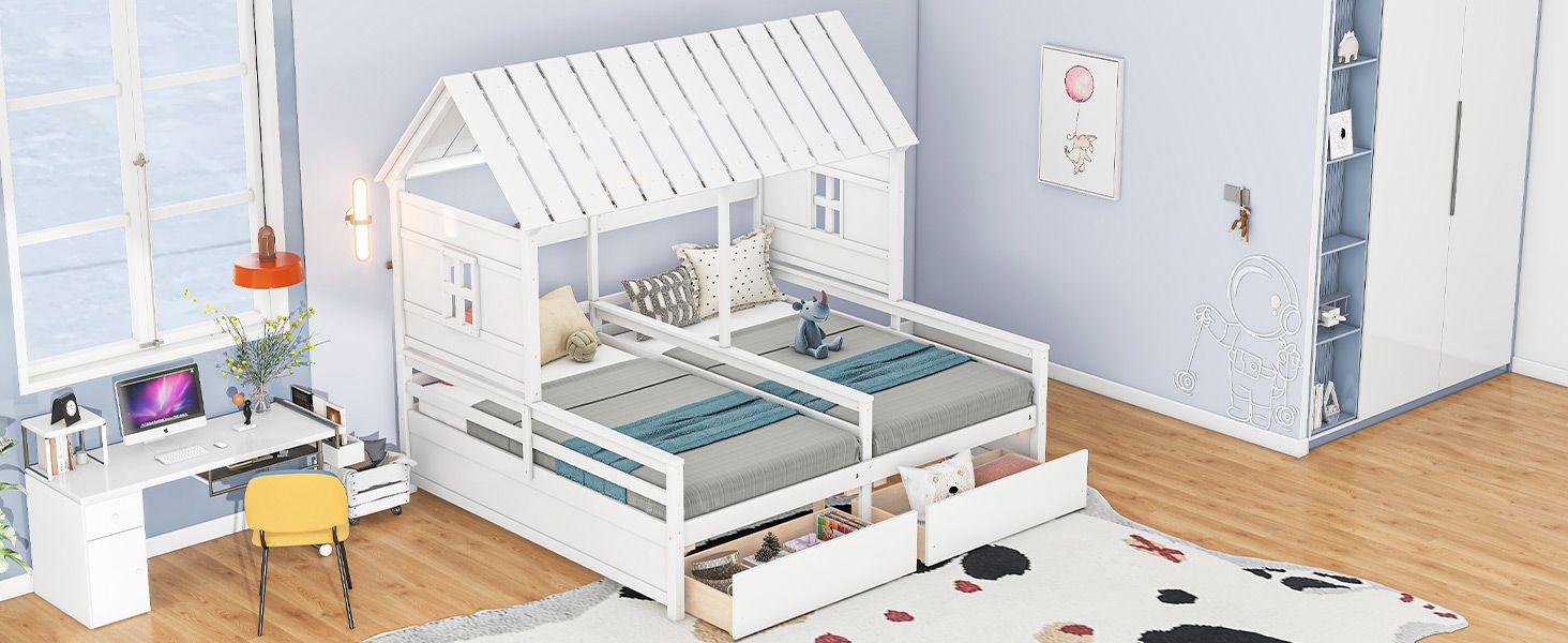 Twin Size House Platform Beds with Two Drawers for Boy and Girl Shared Beds, Combination of 2 Side by Side Twin Size Bed image 6