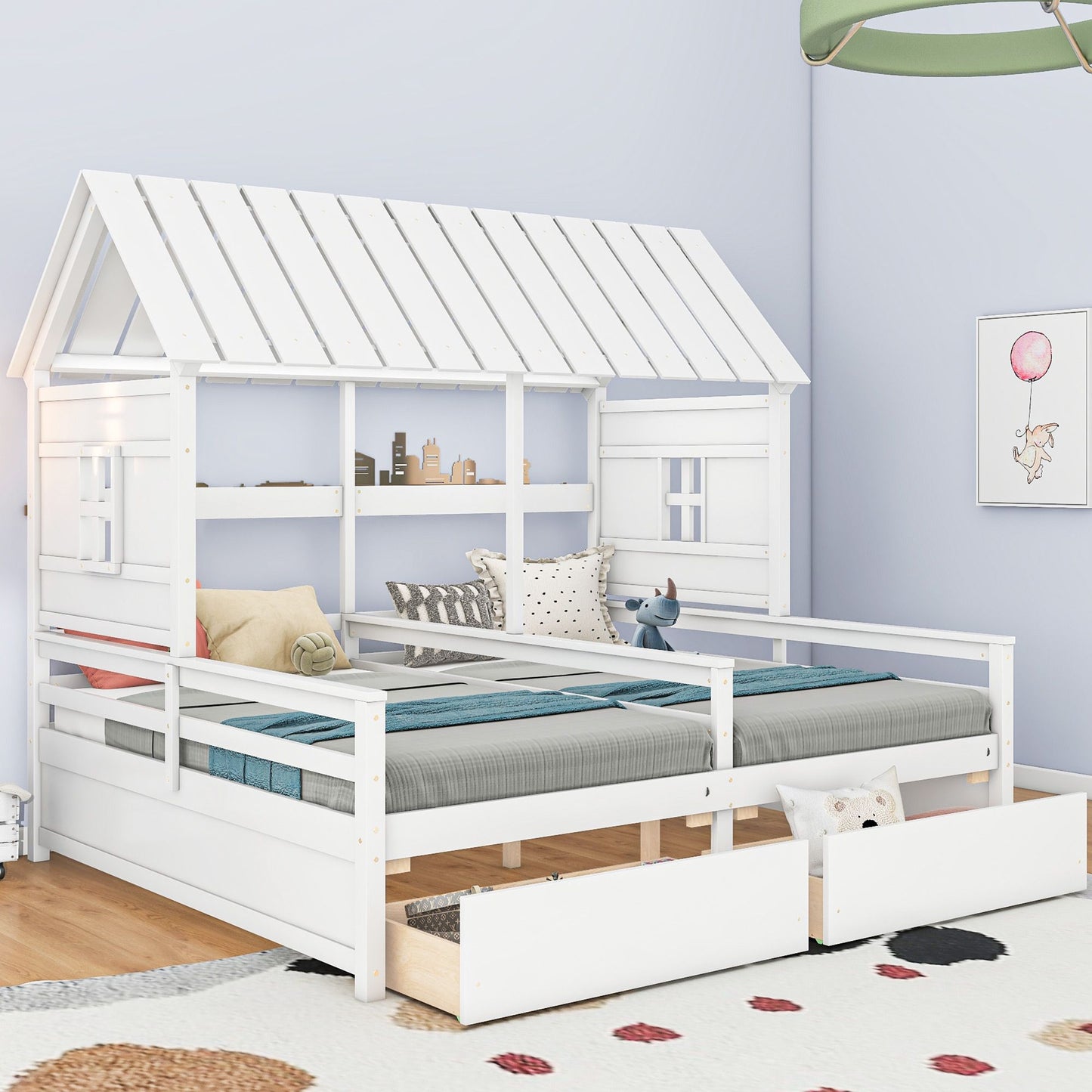 Twin Size House Platform Beds with Two Drawers for Boy and Girl Shared Beds, Combination of 2 Side by Side Twin Size Bed image 1