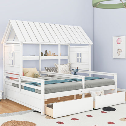 Twin Size House Platform Beds with Two Drawers for Boy and Girl Shared Beds, Combination of 2 Side by Side Twin Size Bed image 1