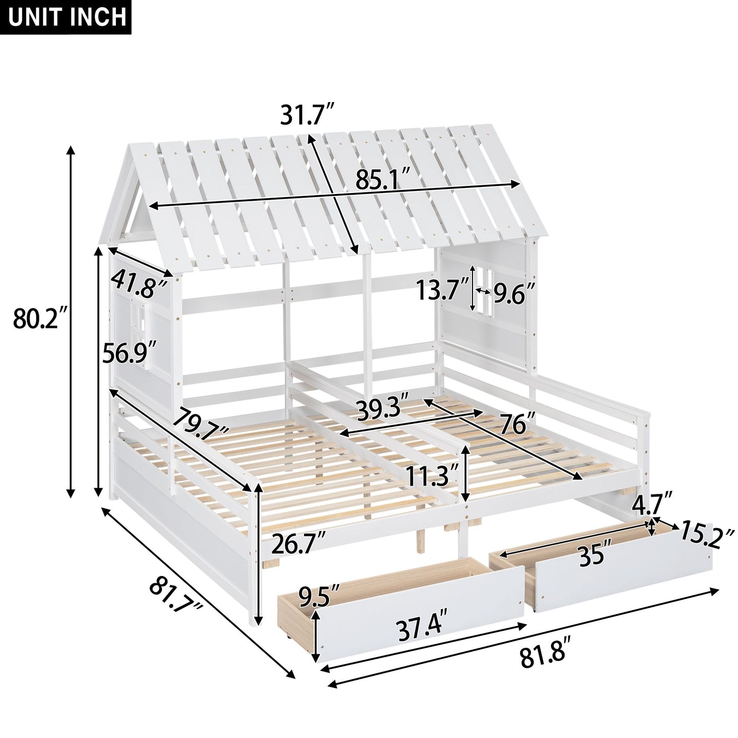 Twin Size House Platform Beds with Two Drawers for Boy and Girl Shared Beds, Combination of 2 Side by Side Twin Size Bed image 9
