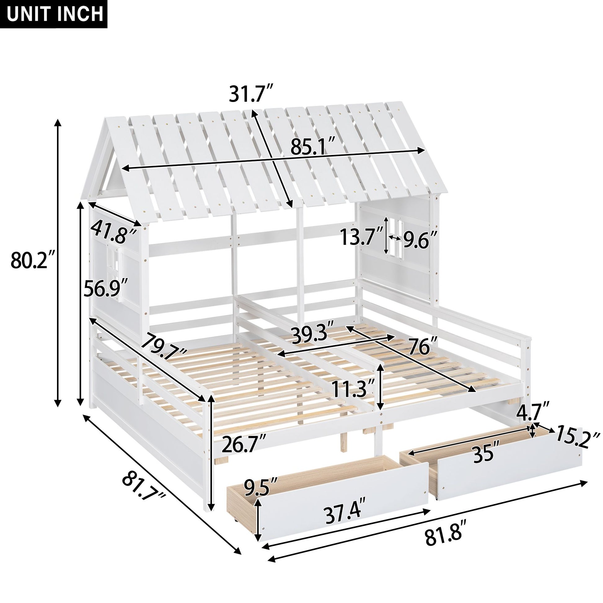 Twin Size House Platform Beds with Two Drawers for Boy and Girl Shared Beds, Combination of 2 Side by Side Twin Size Bed image 9