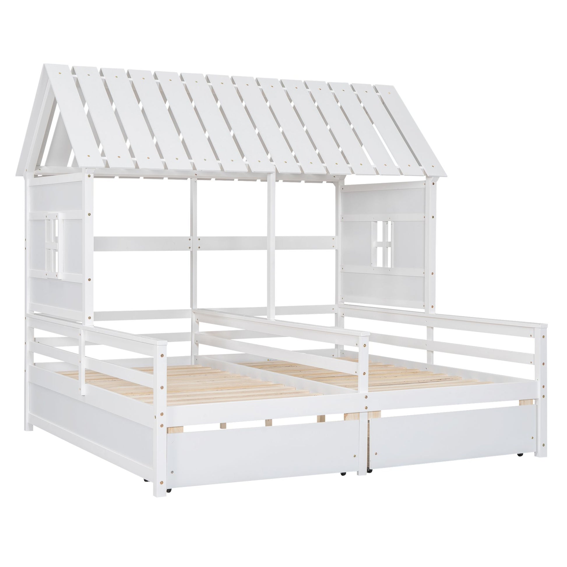 Twin Size House Platform Beds with Two Drawers for Boy and Girl Shared Beds, Combination of 2 Side by Side Twin Size Bed image 11
