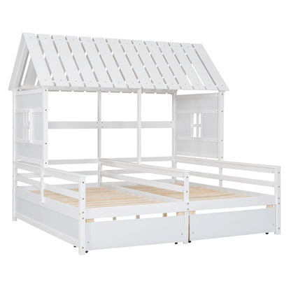 Twin Size House Platform Beds with Two Drawers for Boy and Girl Shared Beds, Combination of 2 Side by Side Twin Size Bed image 11