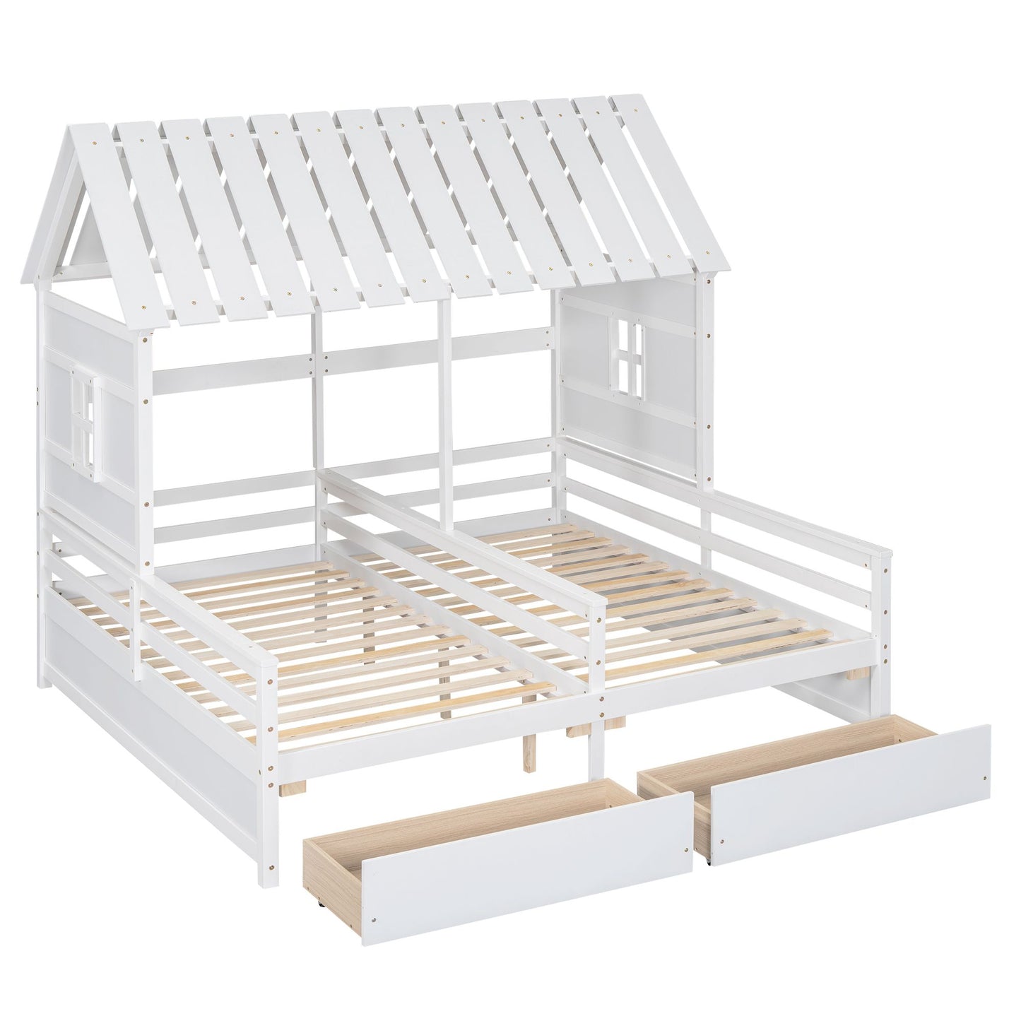 Twin Size House Platform Beds with Two Drawers for Boy and Girl Shared Beds, Combination of 2 Side by Side Twin Size Bed image 13