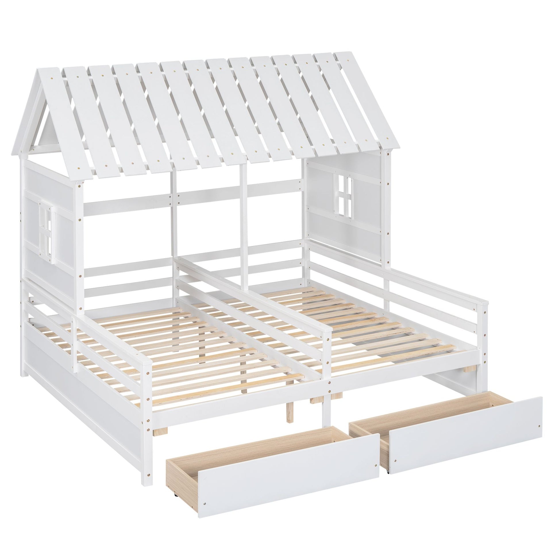 Twin Size House Platform Beds with Two Drawers for Boy and Girl Shared Beds, Combination of 2 Side by Side Twin Size Bed image 13
