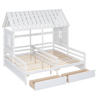 Twin Size House Platform Beds with Two Drawers for Boy and Girl Shared Beds, Combination of 2 Side by Side Twin Size Bed image 13