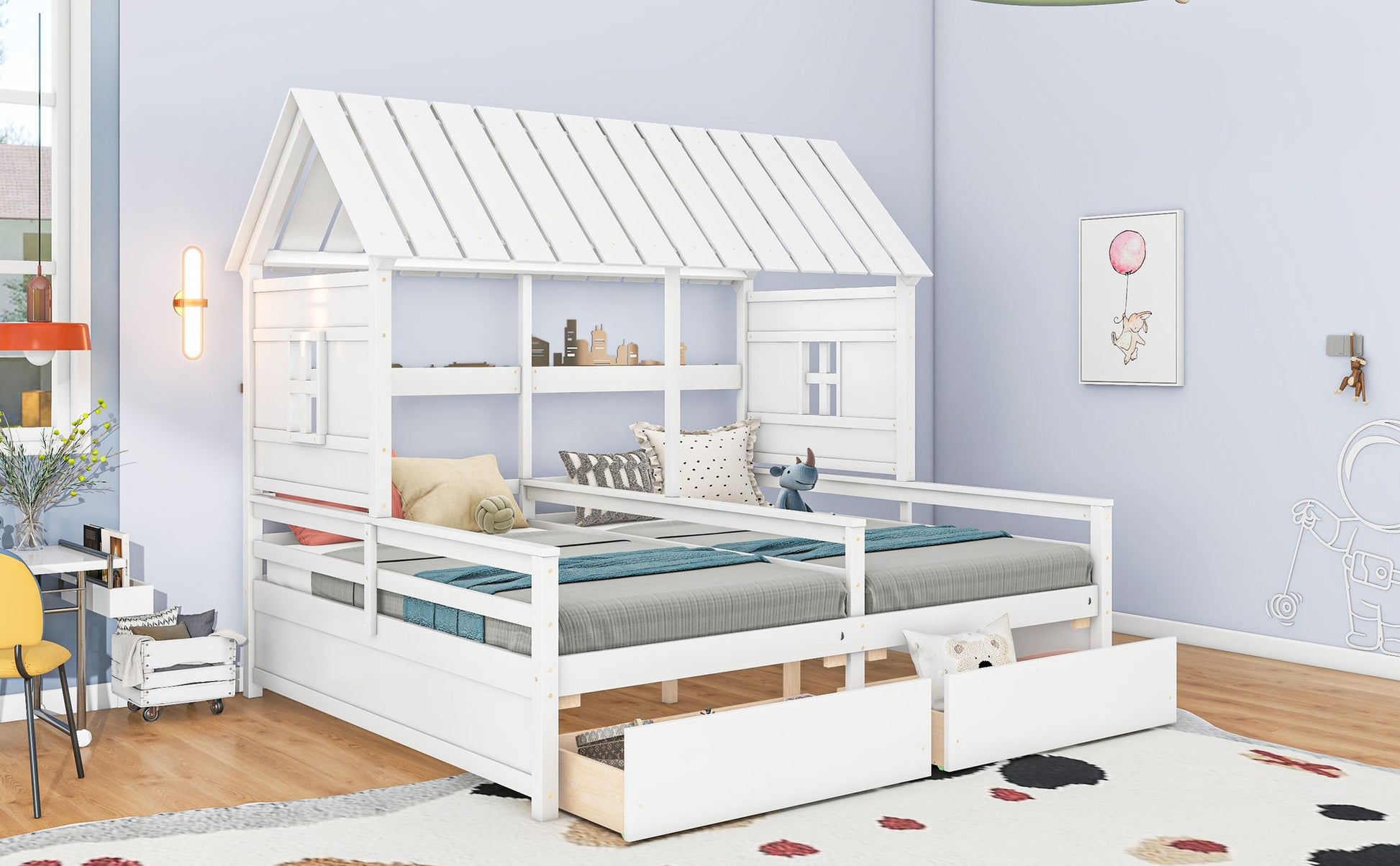 Twin Size House Platform Beds with Two Drawers for Boy and Girl Shared Beds, Combination of 2 Side by Side Twin Size Bed image 4