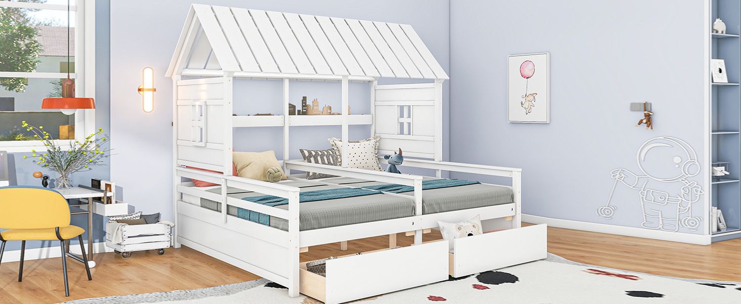 Twin Size House Platform Beds with Two Drawers for Boy and Girl Shared Beds, Combination of 2 Side by Side Twin Size Bed image 8