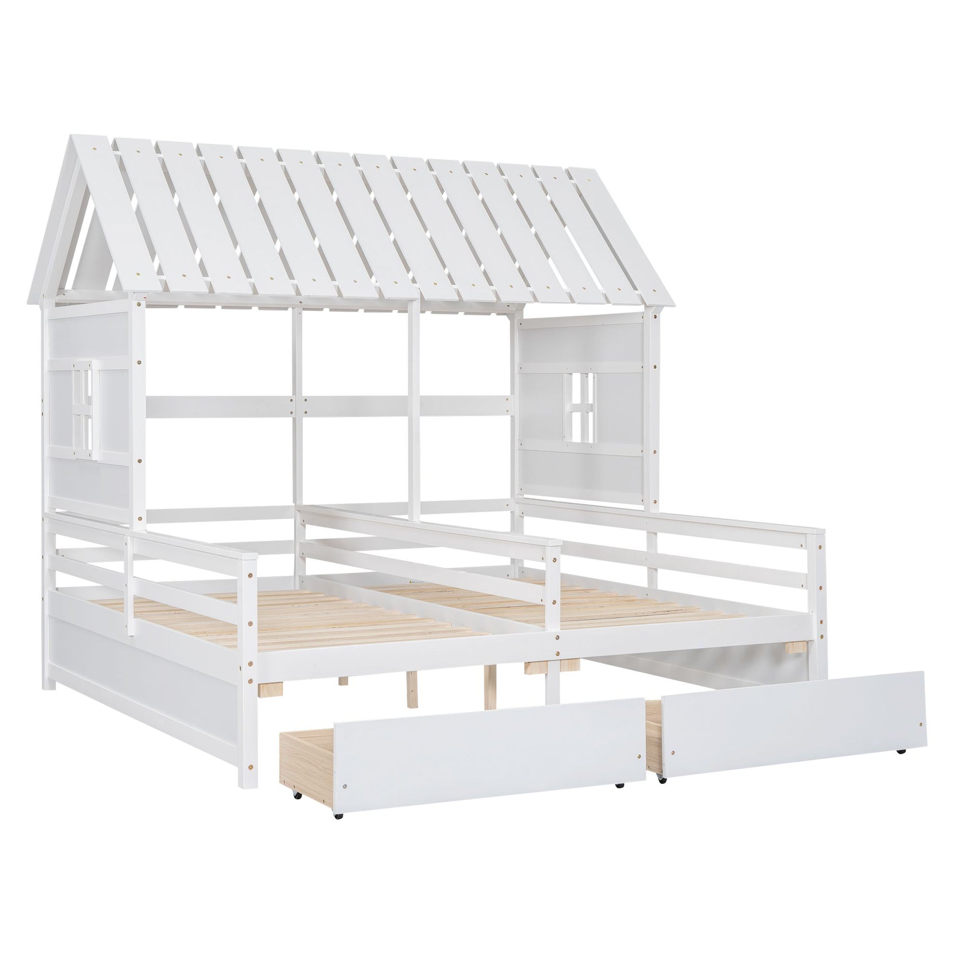 Twin Size House Platform Beds with Two Drawers for Boy and Girl Shared Beds, Combination of 2 Side by Side Twin Size Bed image 12