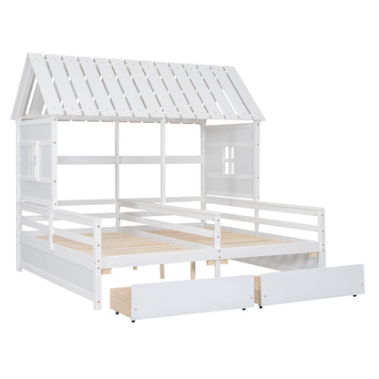 Twin Size House Platform Beds with Two Drawers for Boy and Girl Shared Beds, Combination of 2 Side by Side Twin Size Bed image 12