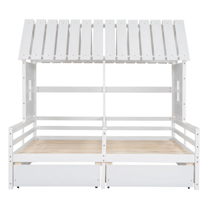 Twin Size House Platform Beds with Two Drawers for Boy and Girl Shared Beds, Combination of 2 Side by Side Twin Size Bed image 10