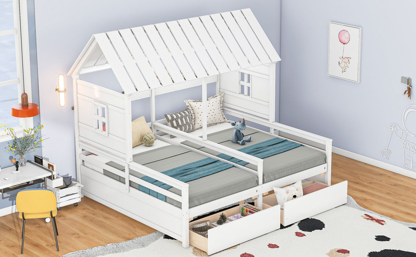 Twin Size House Platform Beds with Two Drawers for Boy and Girl Shared Beds, Combination of 2 Side by Side Twin Size Bed image 5
