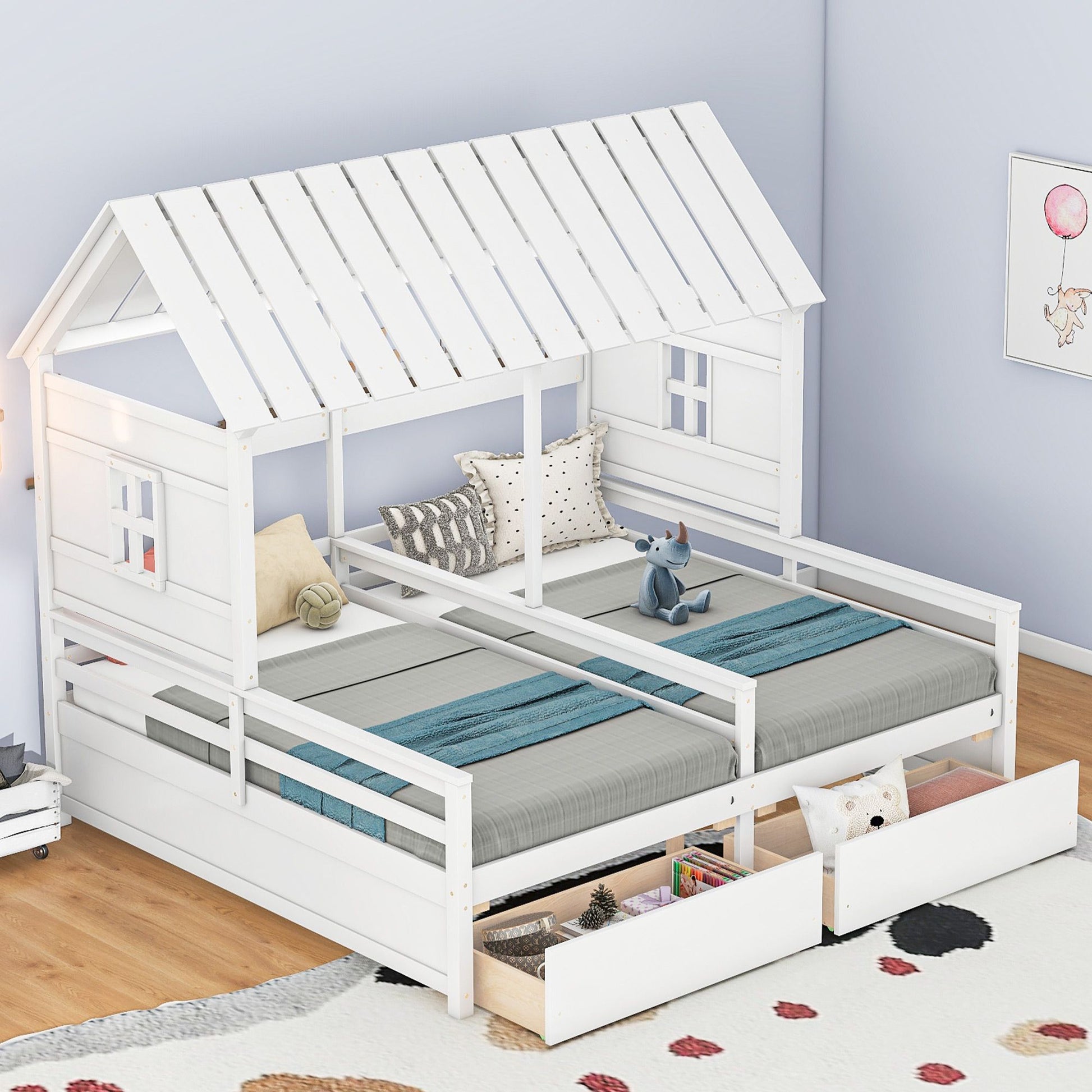 Twin Size House Platform Beds with Two Drawers for Boy and Girl Shared Beds, Combination of 2 Side by Side Twin Size Bed image 3