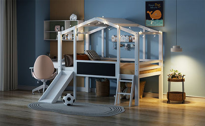 Twin Size Loft Bed with Ladder and Slide, House Bed with Blackboard and Light Strip on the Roof, White image 19