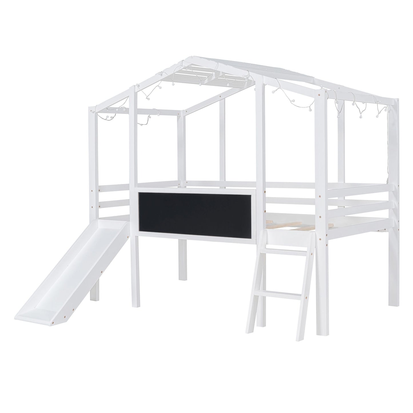 Twin Size Loft Bed with Ladder and Slide, House Bed with Blackboard and Light Strip on the Roof, White image 7