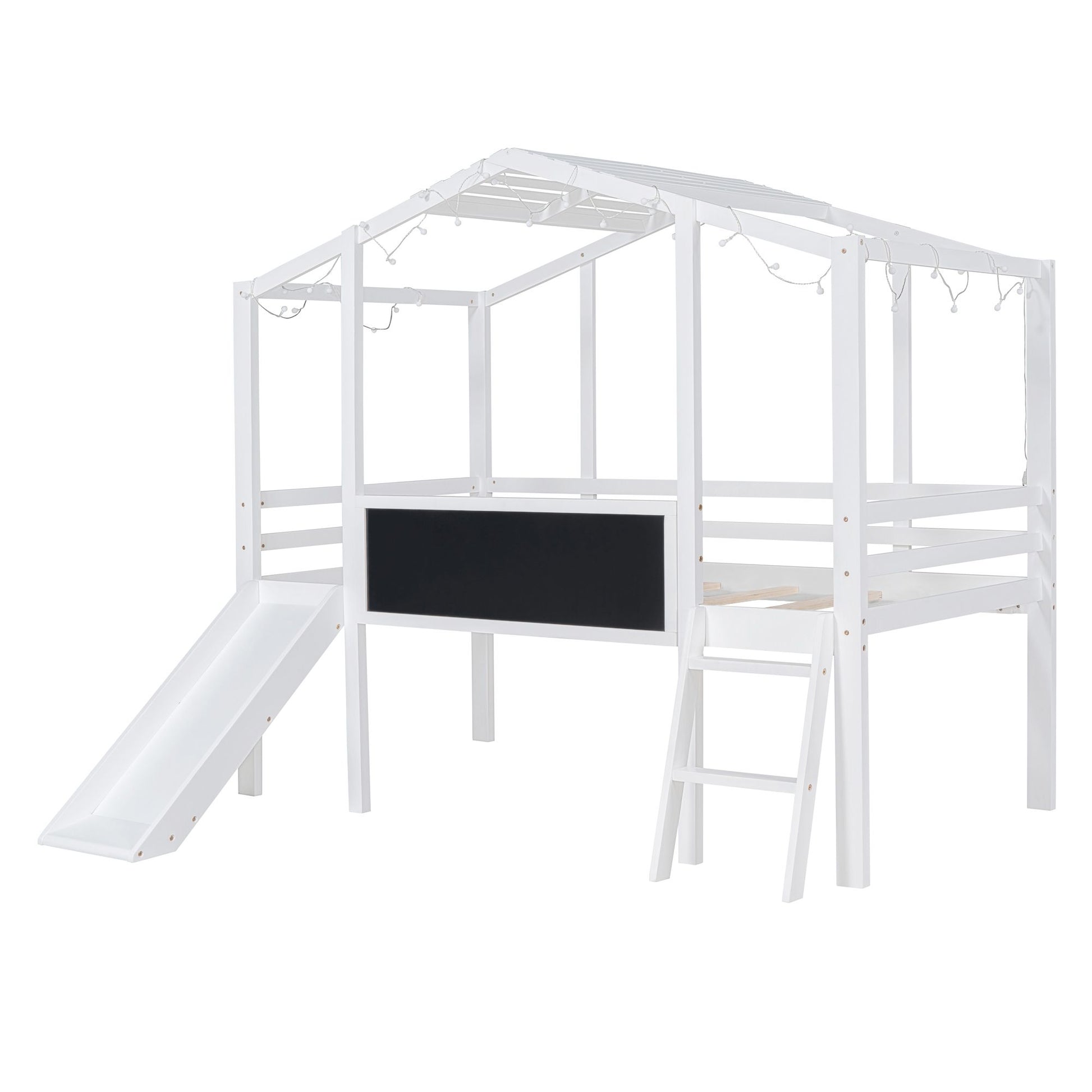 Twin Size Loft Bed with Ladder and Slide, House Bed with Blackboard and Light Strip on the Roof, White image 7