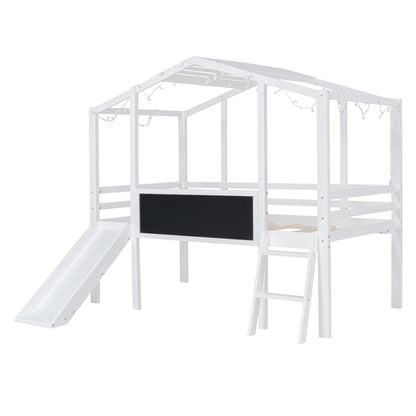 Twin Size Loft Bed with Ladder and Slide, House Bed with Blackboard and Light Strip on the Roof, White image 7