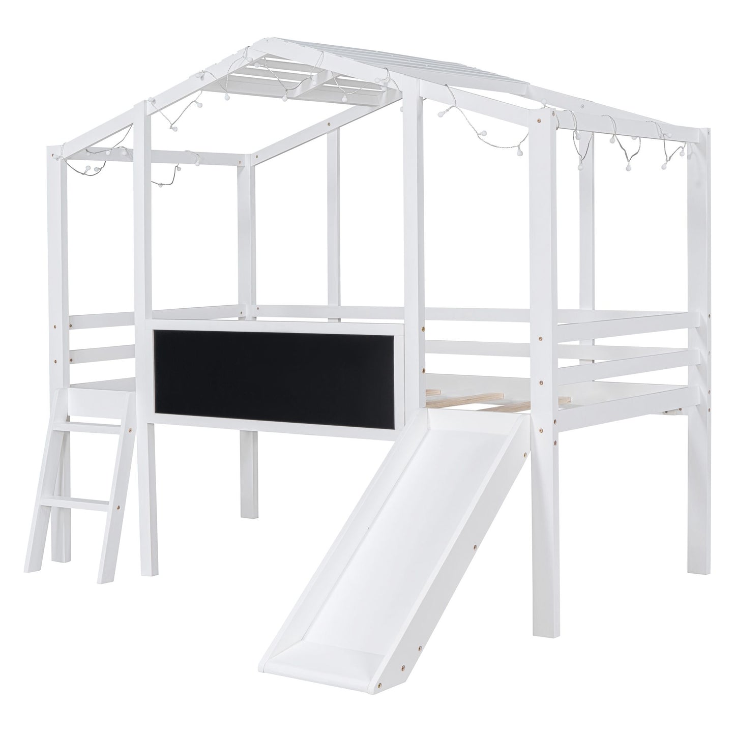 Twin Size Loft Bed with Ladder and Slide, House Bed with Blackboard and Light Strip on the Roof, White image 4