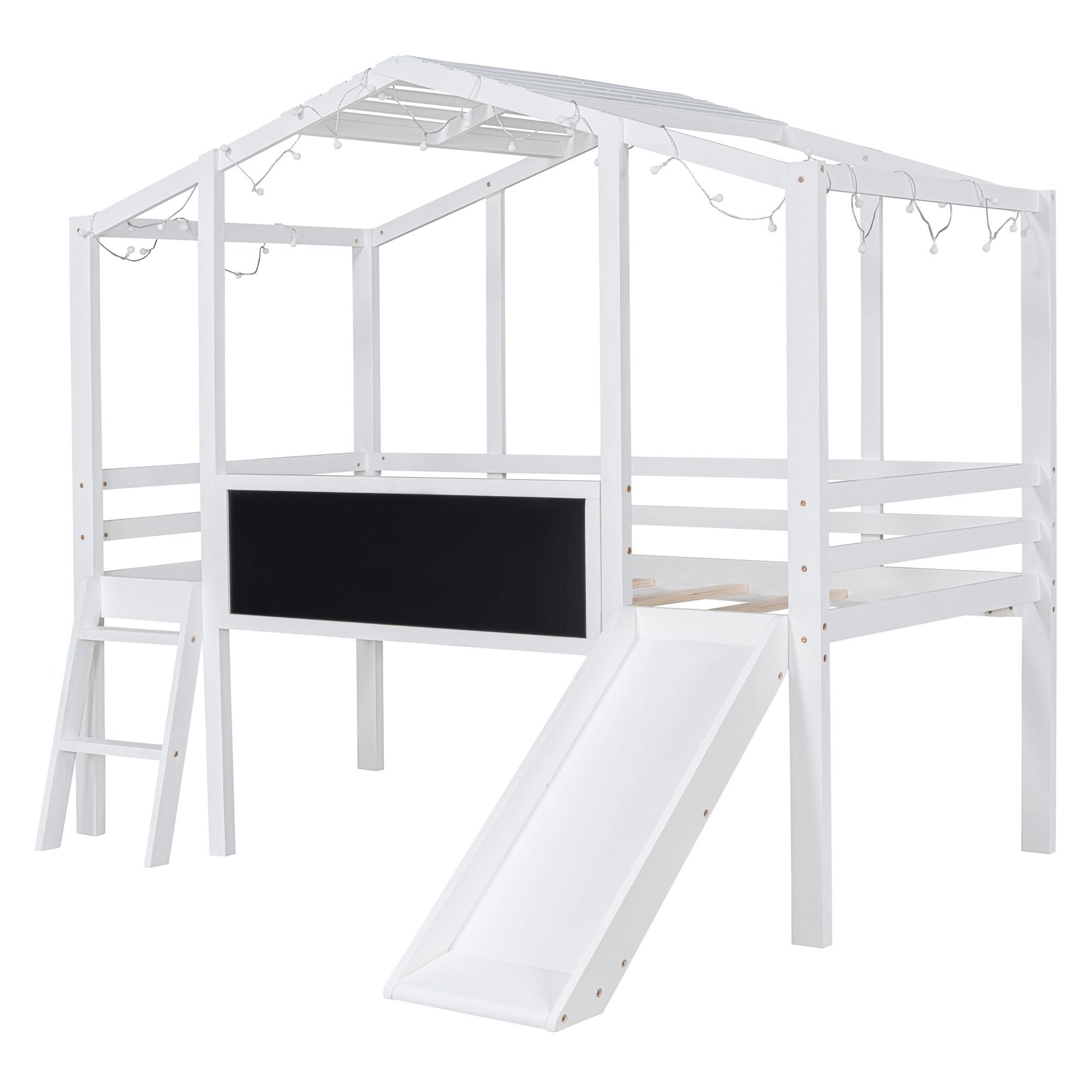 Twin Size Loft Bed with Ladder and Slide, House Bed with Blackboard and Light Strip on the Roof, White image 4