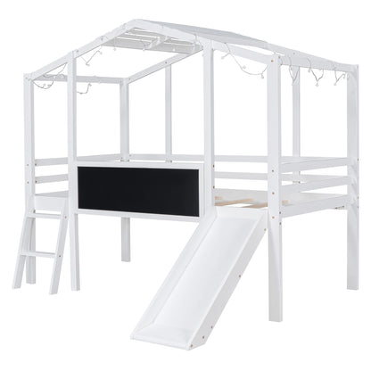 Twin Size Loft Bed with Ladder and Slide, House Bed with Blackboard and Light Strip on the Roof, White image 4