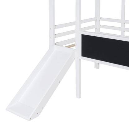 Twin Size Loft Bed with Ladder and Slide, House Bed with Blackboard and Light Strip on the Roof, White image 15