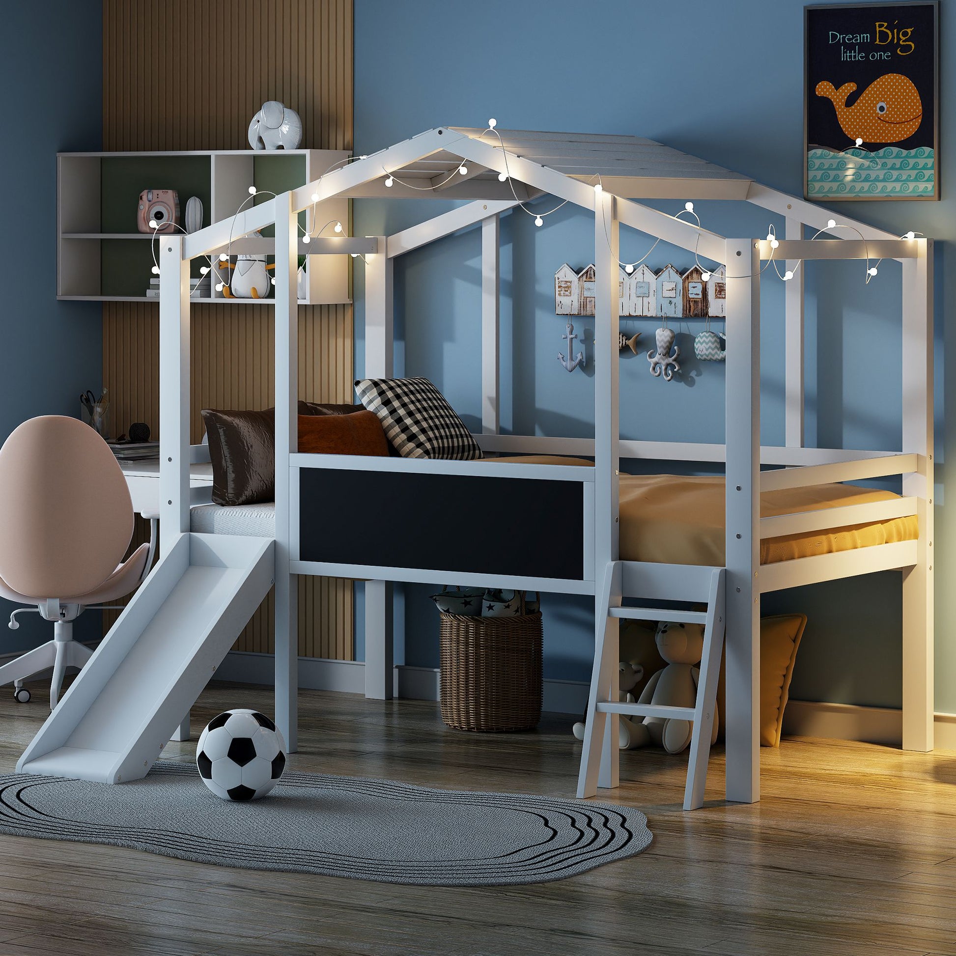 Twin Size Loft Bed with Ladder and Slide, House Bed with Blackboard and Light Strip on the Roof, White image 3
