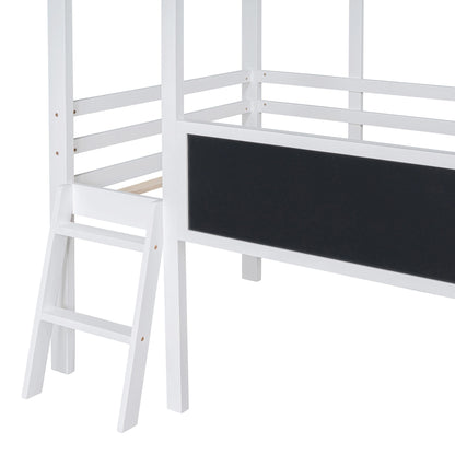 Twin Size Loft Bed with Ladder and Slide, House Bed with Blackboard and Light Strip on the Roof, White image 14