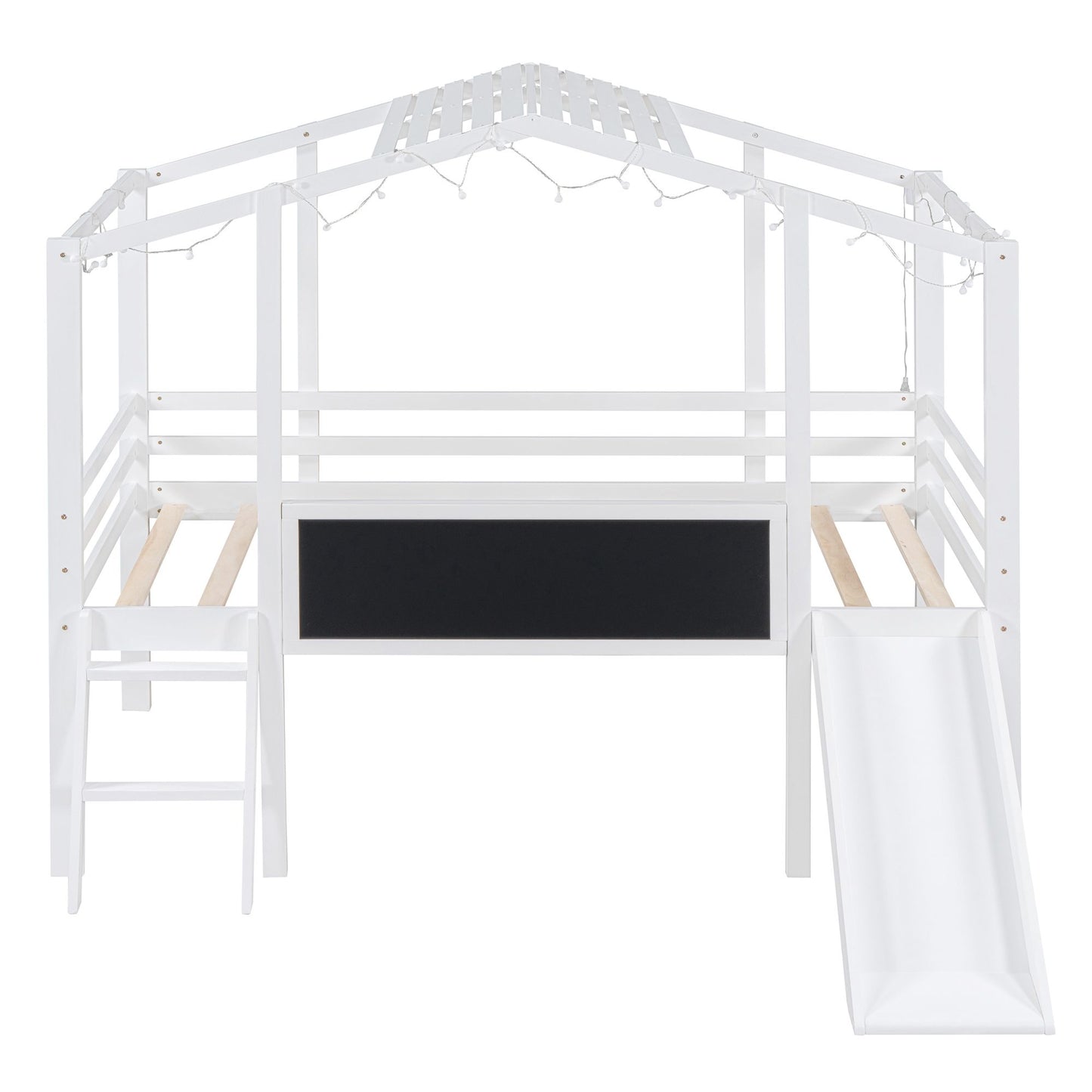 Twin Size Loft Bed with Ladder and Slide, House Bed with Blackboard and Light Strip on the Roof, White image 8