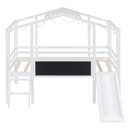 Twin Size Loft Bed with Ladder and Slide, House Bed with Blackboard and Light Strip on the Roof, White image 8