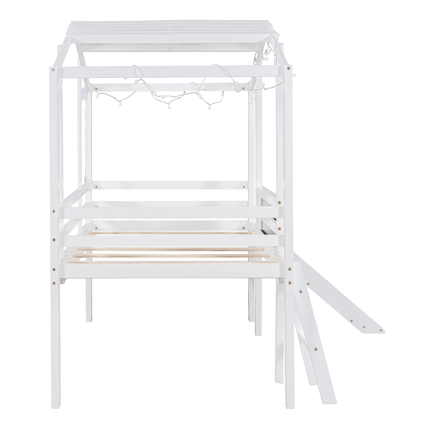 Twin Size Loft Bed with Ladder and Slide, House Bed with Blackboard and Light Strip on the Roof, White image 11