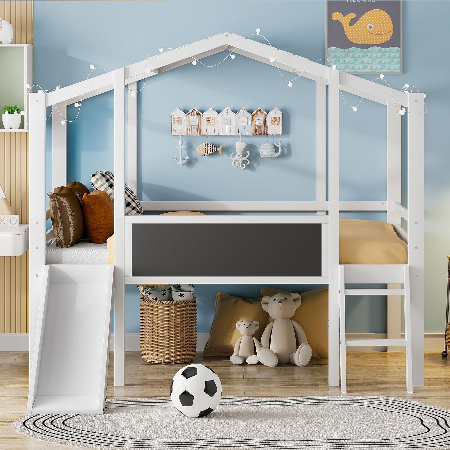 Twin Size Loft Bed with Ladder and Slide, House Bed with Blackboard and Light Strip on the Roof, White image 2