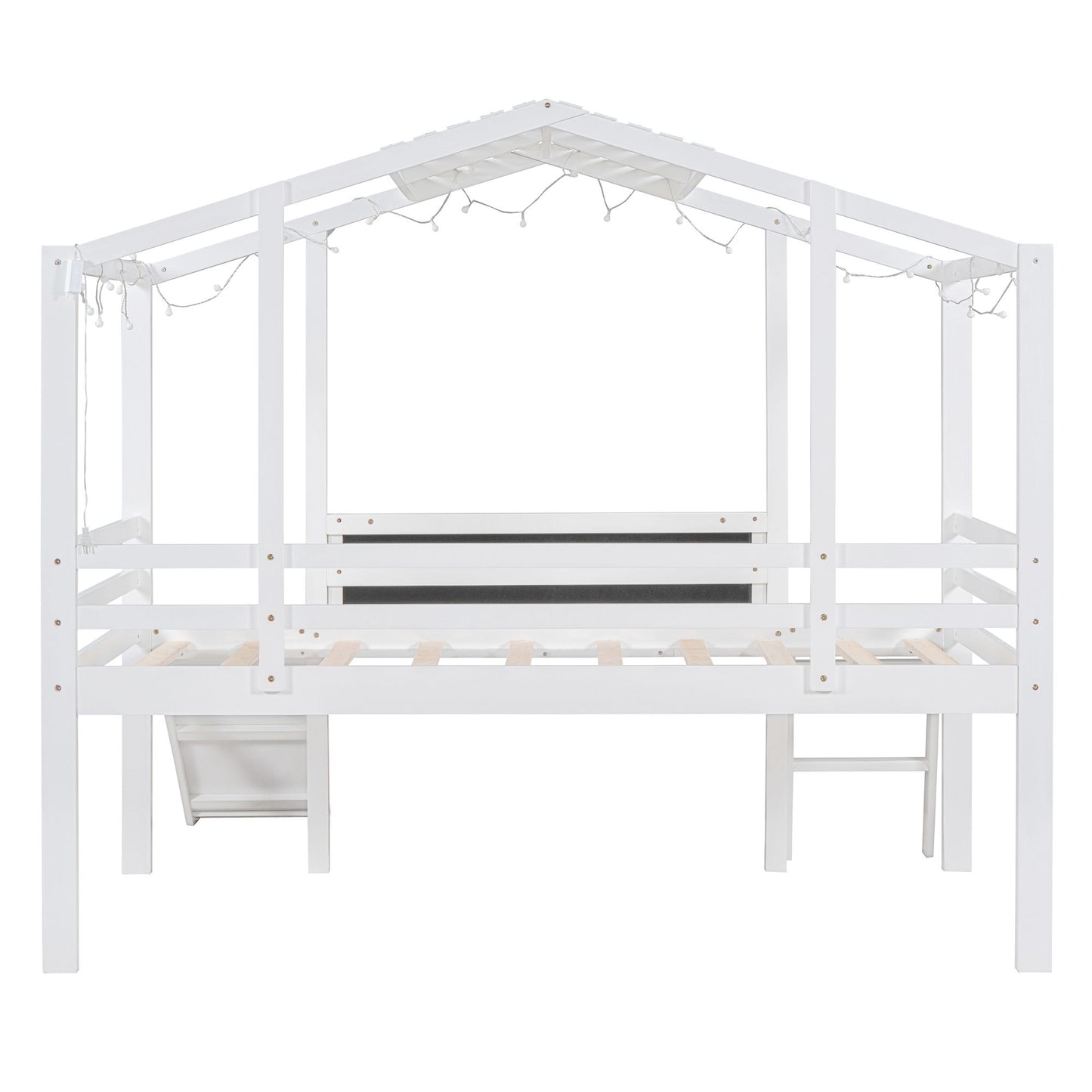 Twin Size Loft Bed with Ladder and Slide, House Bed with Blackboard and Light Strip on the Roof, White image 12